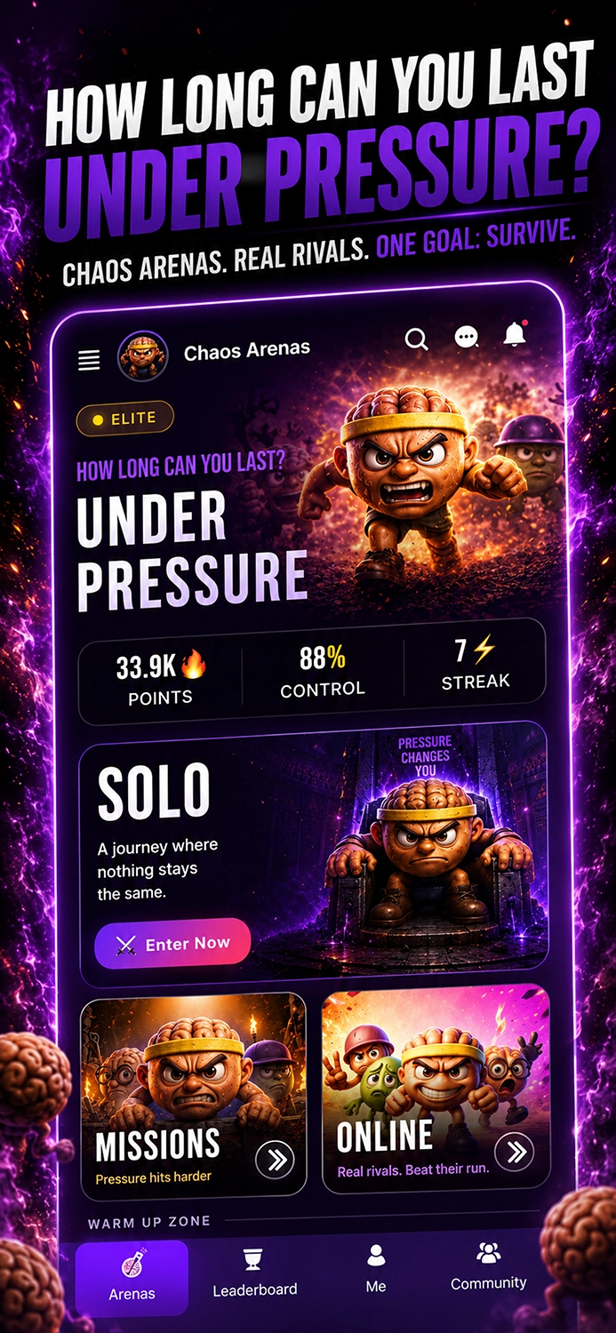 Mindboo home arena screen showing Under Pressure challenge